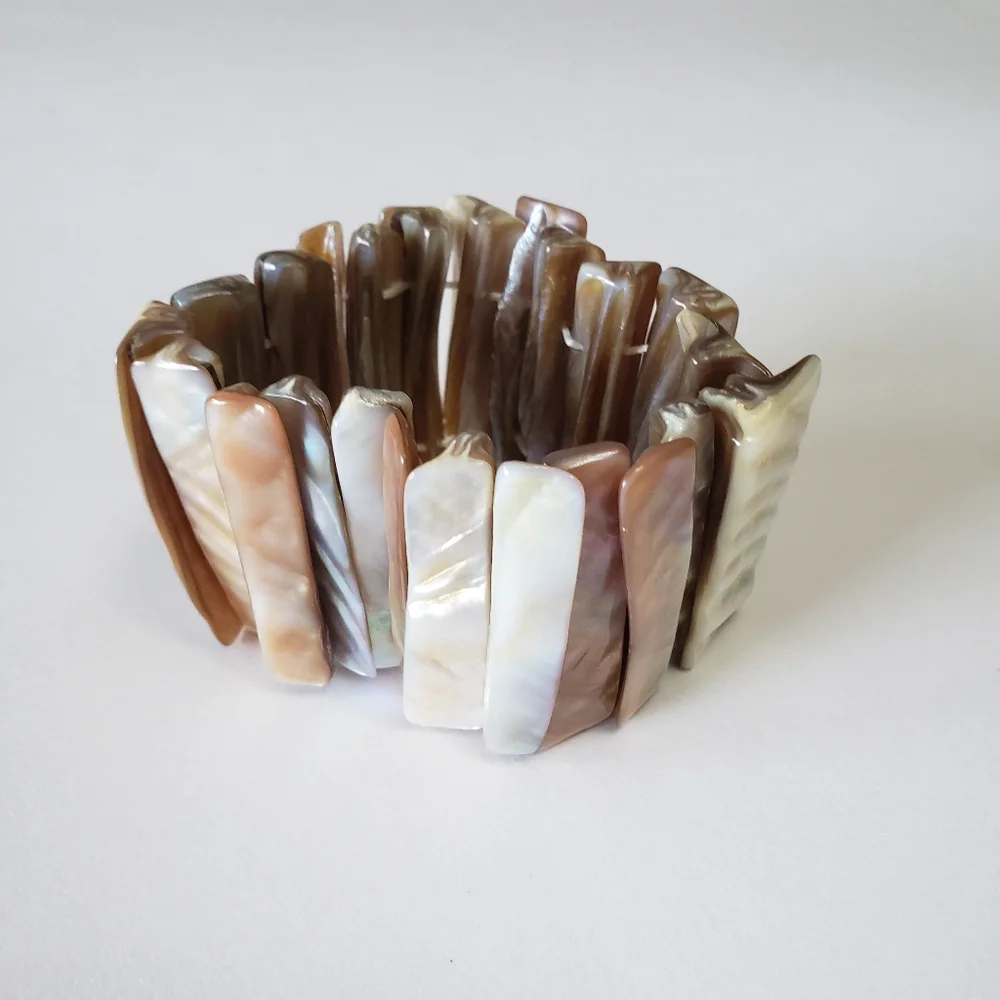 Vintage Abalone Shell Beige Tan Wide Stretch Bracelet Mother Of Pearl - Picture 2 of 5